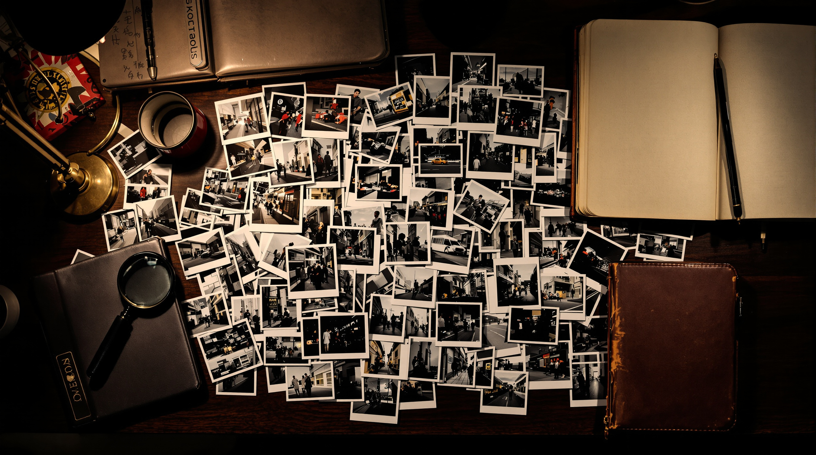 A photographer's desk scattered with small printed city photographs like an archive