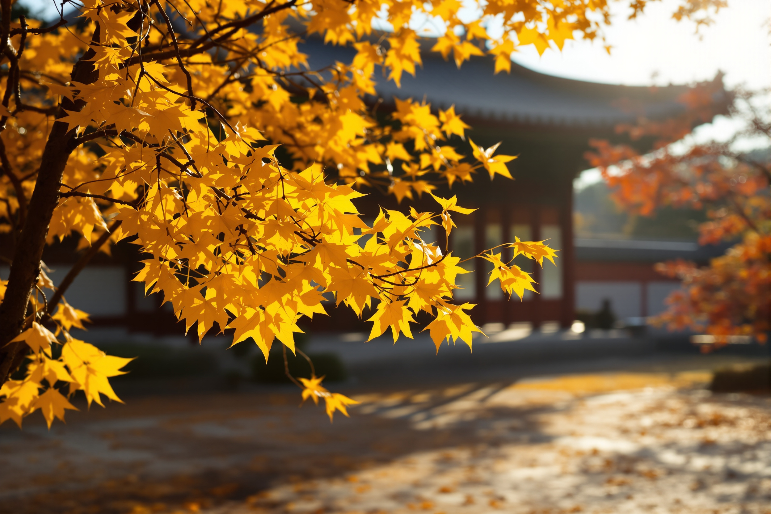 Golden ginkgo and red maple foliage in a Seoul palace courtyard in autumn