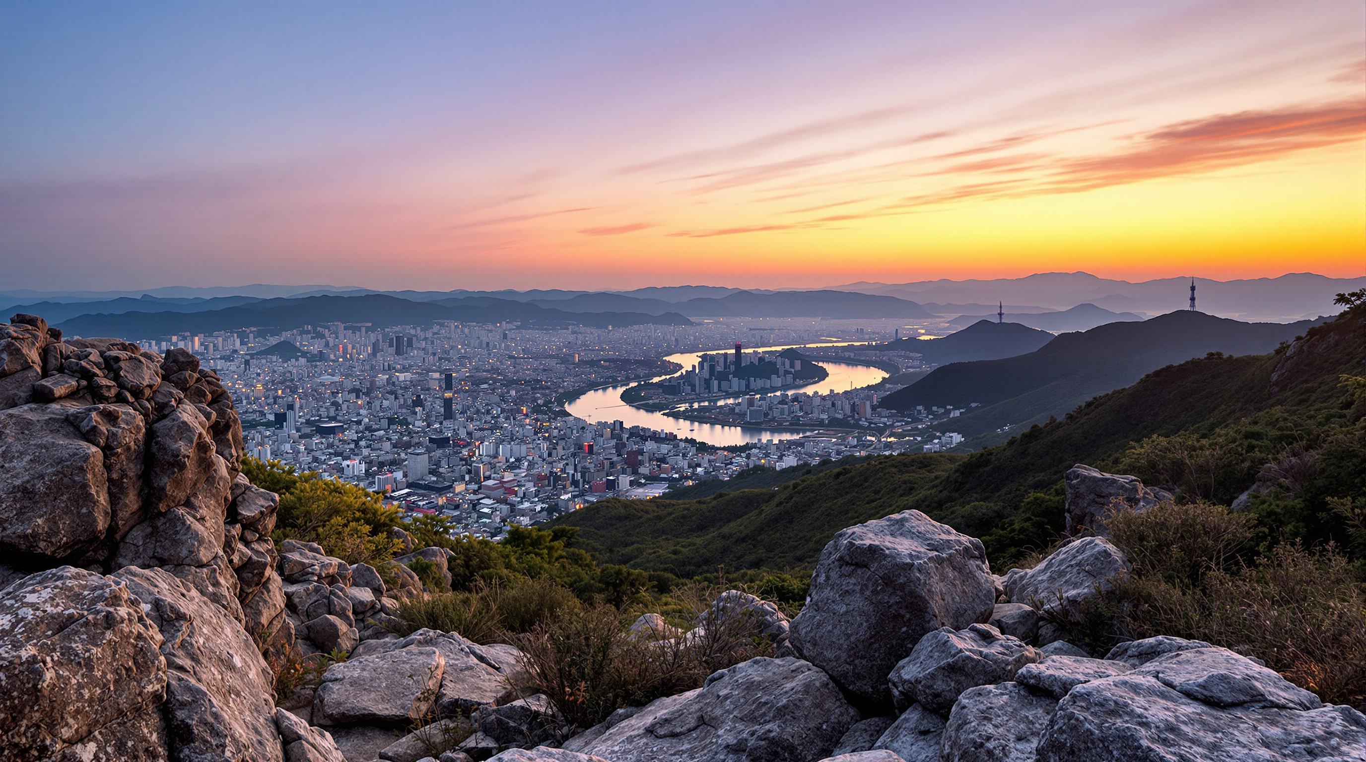 Seoul spread across the valley at dusk seen from a granite mountain ridge