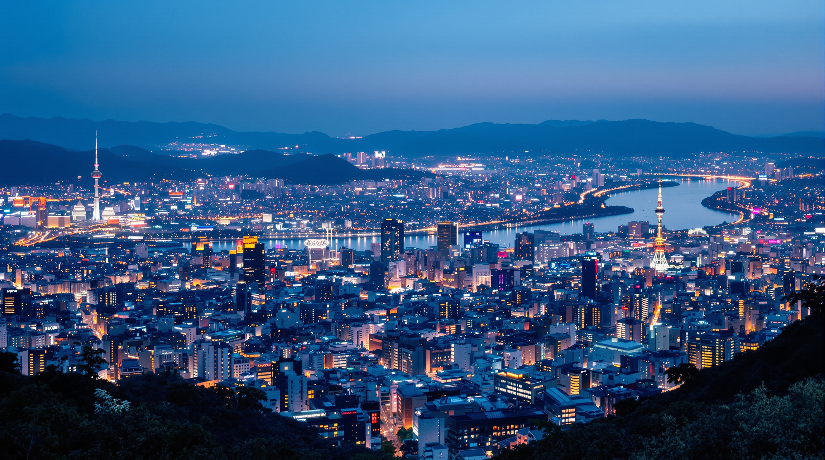 Seoul at blue-hour dusk — a sea of city lights below Namsan and its tower