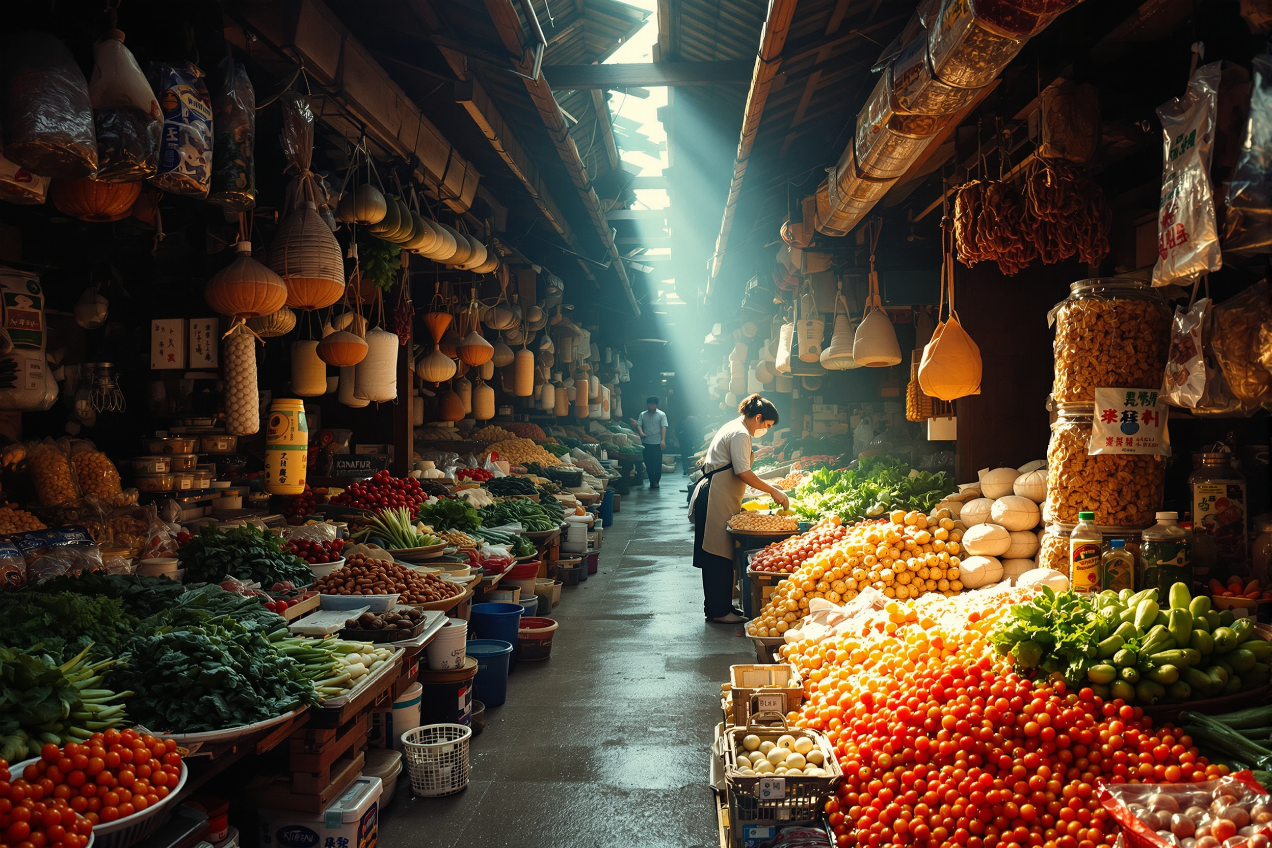 A traditional market aisle by day