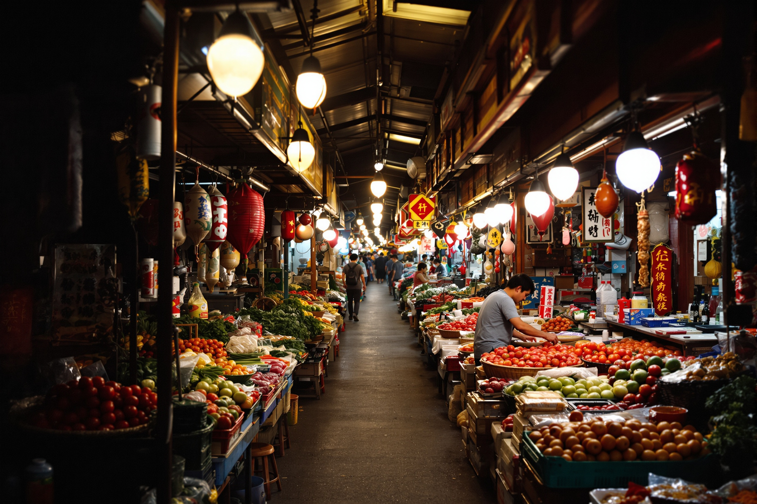 A covered traditional market lane lit by hanging bulbs at night