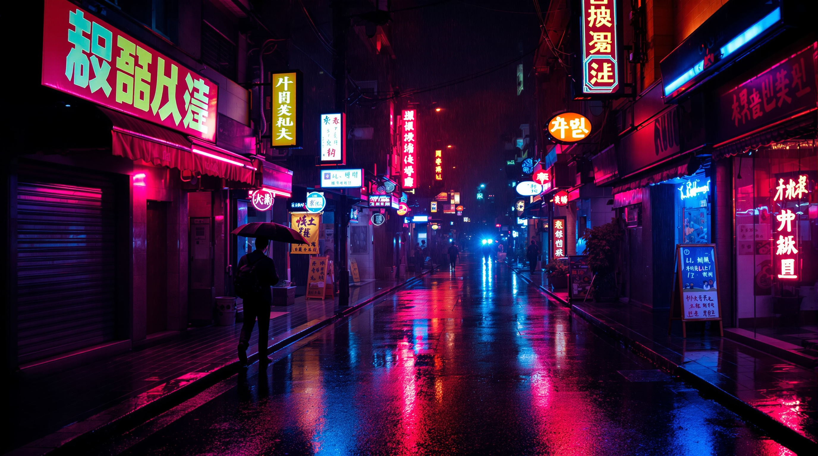 A rainy neon-lit Seoul alley at night