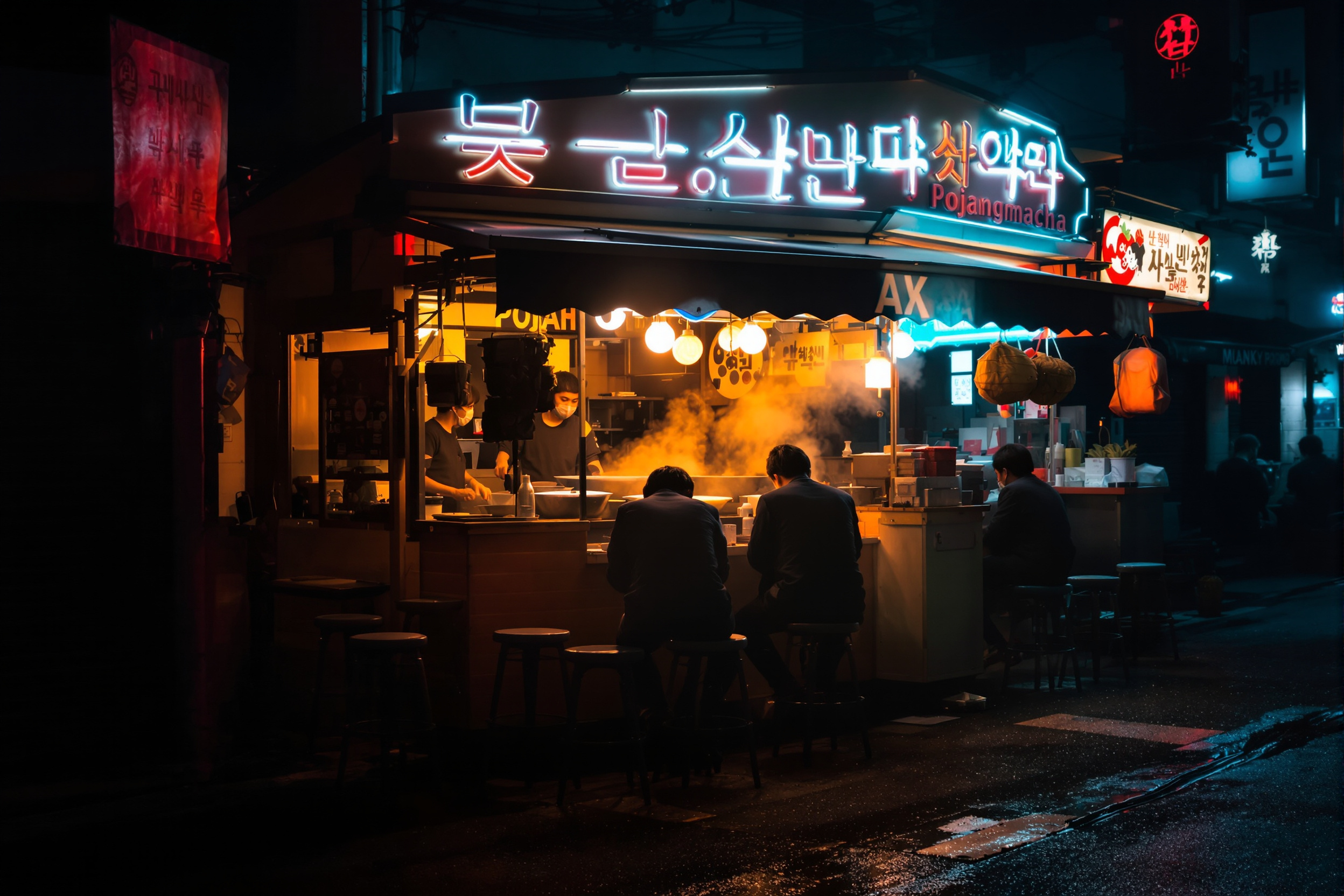 A glowing street-food tent at night